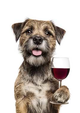 Border Terrier Dog with Wine Glass on White