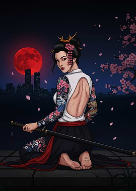 Tattooed Geisha with Katana and Red Moon