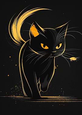 Black cat with golden mouse