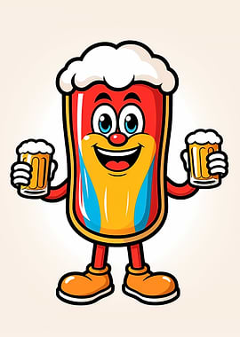 Smiling Beer Mug Mascot Holding Two Foamy Pints