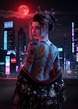Cyberpunk Geisha with Dragon Tattoo