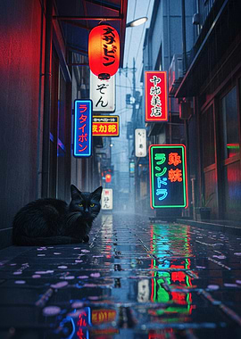 Black cat in rainy cyberpunk alley