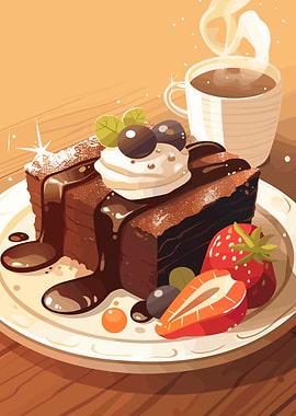Chocolate Cake with Coffee and Strawberries