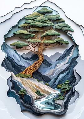 Paper Cut Landscape with Tree