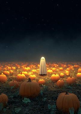Ghost in Pumpkin Patch at Night