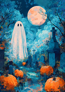 Halloween Ghost in Graveyard with Pumpkins