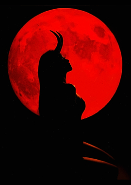 Silhouette of horned woman against red moon