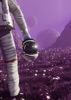 Astronaut in a purple flower field