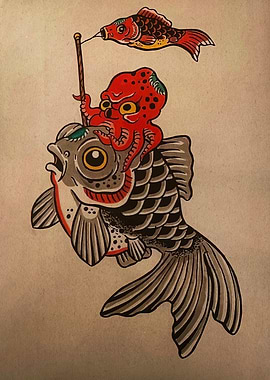 Octopus riding a fish illustration