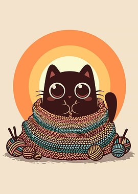 Cartoon Cat with Knitting Yarn