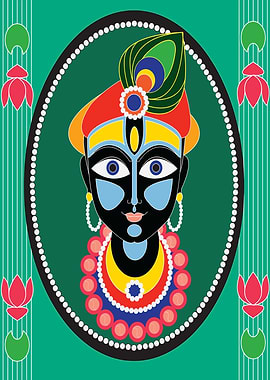 Colorful Krishna Portrait with Peacock Feather