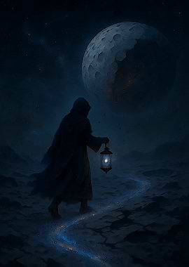 Hooded Figure with Lantern under Moon