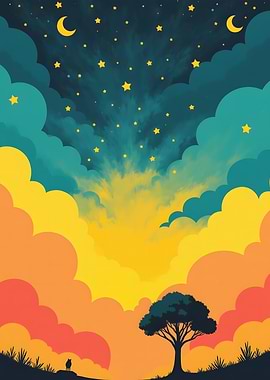 Dreamy Night Landscape with Stars and Moon