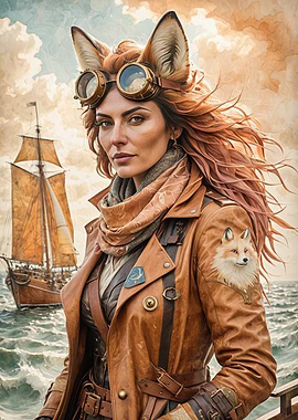Fox-Eared Sea Captain — Steampunk Leather Portrait