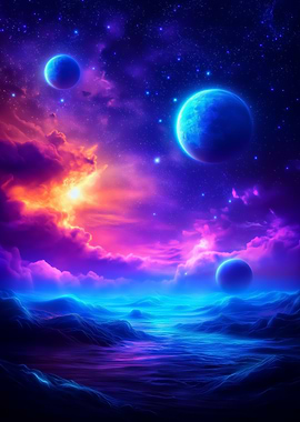 A surreal cosmic landscape with glowing planets
