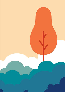 Minimalist Landscape with Tree and Bushes