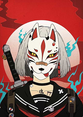 Anime Girl with Kitsune Mask and Katana