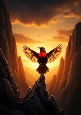 Bird on Mountain Peak at Sunset