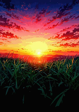 Vibrant Sunset Over Field Illustration