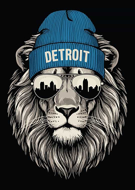 Detroit Lion with Beanie and Sunglasses