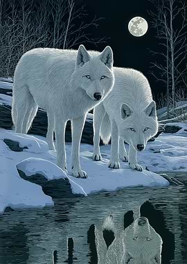 Two White Wolves Under Moonlight