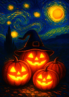 Halloween Pumpkins under Starry Night Sky