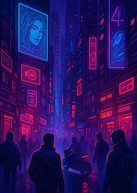 Neon Cityscape with Crowds and Motorcycle