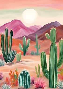 Desert Landscape with Cacti and Mountains