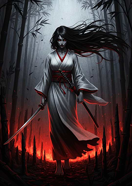 Ghostly Samurai Woman in Bamboo Forest