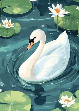 Swan in a Lily Pond Illustration