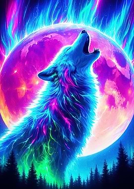 Neon Wolf Howling Moon