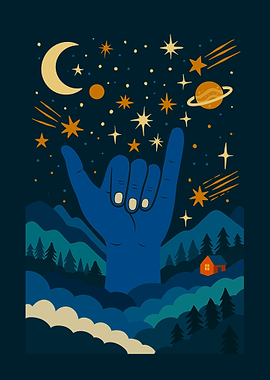 Cosmic Hand Shaka Landscape Illustration