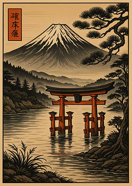 Japanese Landscape with Torii Gate and Mountain