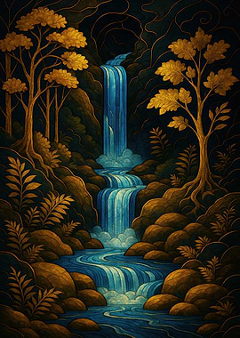 Golden Trees and Blue Waterfall
