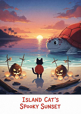 Island Cat's Spooky Sunset - Halloween Art
