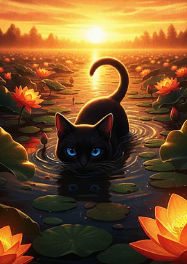 Black cat in a lotus pond