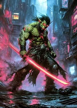 Shadowrun Cyberpunk Orc Warrior with Glowing Katana
