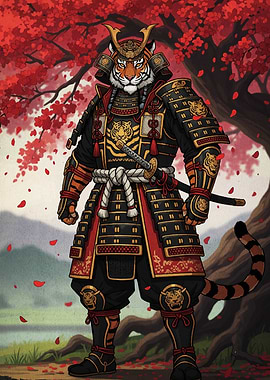 Samurai Tiger Warrior in Autumn Landscape