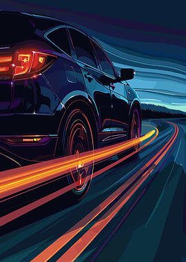 Car Speeding on Road at Night