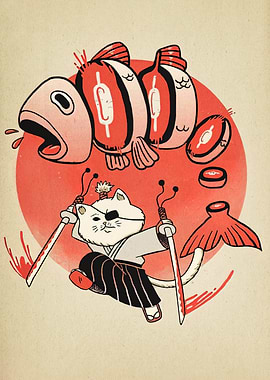 Samurai Cat with Fish and Swords