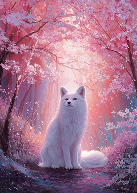 White Fox in Cherry Blossom Forest