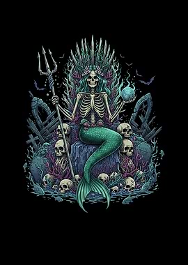 Skeleton Mermaid Queen on Throne