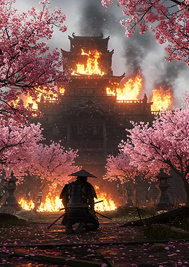 Burning Castle with Samurai and Cherry Blossoms