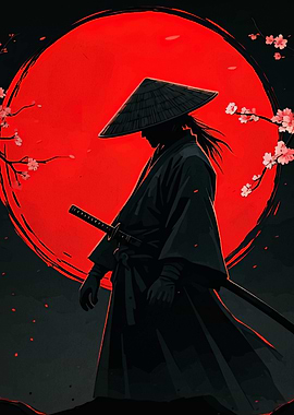 Samurai Silhouette with Red Moon