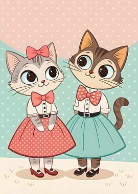 Two Cartoon Cats in Dresses