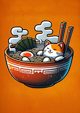 Cat in Ramen Bowl Illustration