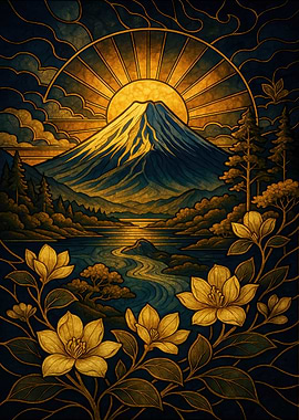 Mountain Landscape with Flowers and Sun