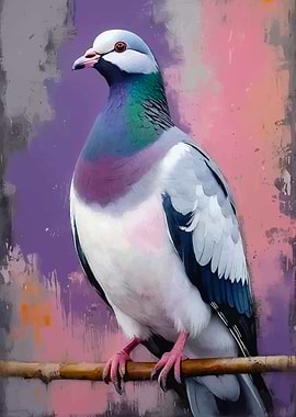 Pigeon Perched on Branch, Colorful Background