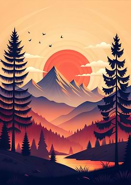 Mountains at Sunset Landscape with Pine Trees Nature