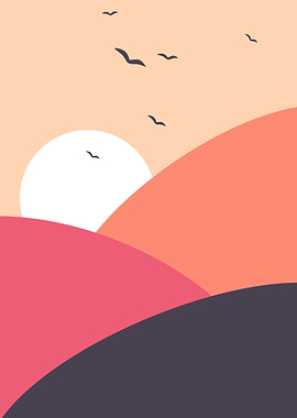 Minimalist Sunset Landscape with Birds